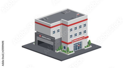 Emergency hospital building features an ambulance bay and medical facilities in a stylized isometric architectural rendering.