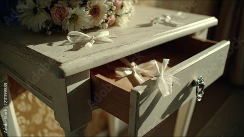 Antique white nightstand with open drawer and flowers.