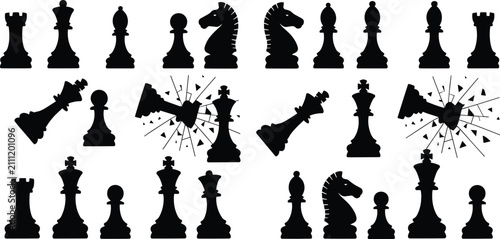 Konstfotografi Chess pieces silhouettes set showing king, queen, rook, bishop, knight and pawn,