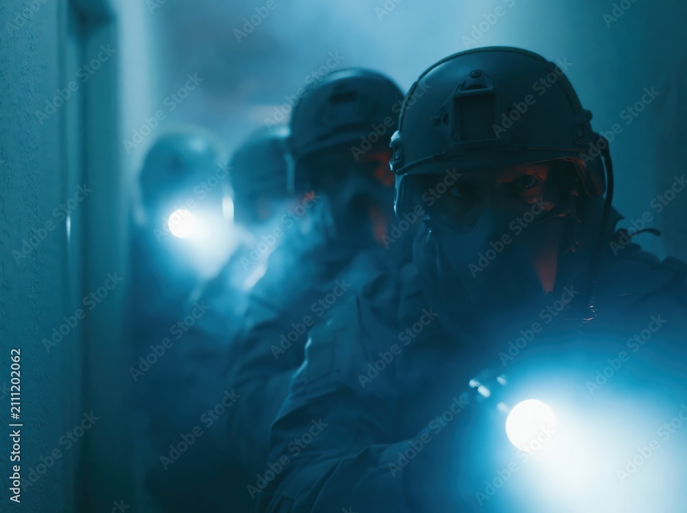 Obraz premium Special forces team advances through dark hallway with flashlights