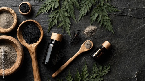 Apothecary bottles and botanical seeds on dark stone