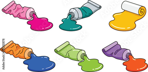 Squeezed oil paint tubes set with colorful liquid puddles acrylic gouache pigment artist creative studio tools vector illustration
