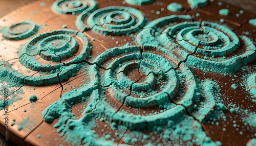 Macro photograph of oxidized copper featuring raised turquoise patina patterns resembling topographic maps, revealing rich mineral textures and mesmerizing corrosion details.