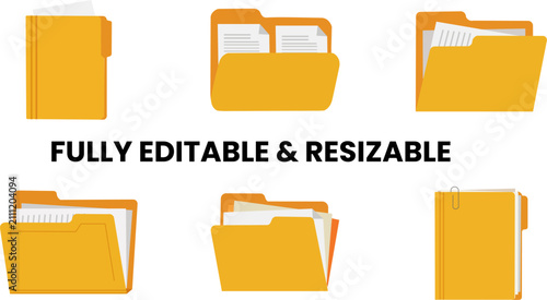 Set of 6 Modern Office Folder Icons Vector, Yellow Document Folder Illustration, Editable and Resizable