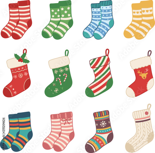 Christmas Stockings and Colorful Winter Socks Vector Set