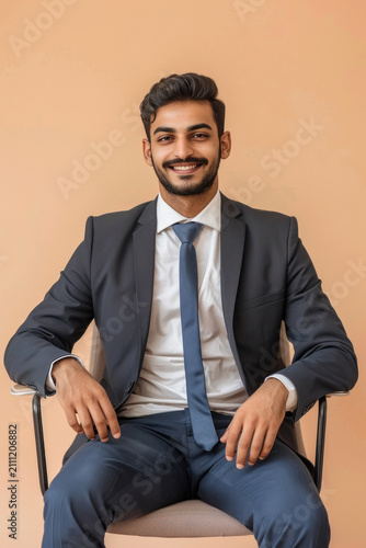 young handsome Indian businessman in suit sitting on chair