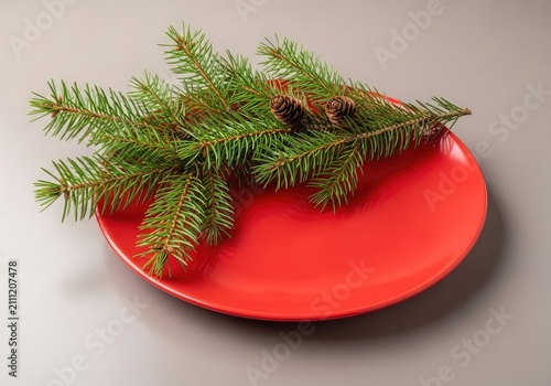 A bright red ceramic dinner plate rests on a neutral surface, beautifully decorated with fresh green pine branches for a seasonal setting, red, decoration, yuletide