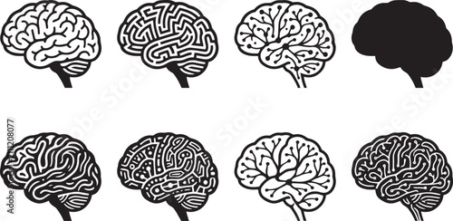 A collection of human brain illustrations featuring various line art styles and a solid black filled brain silhouette