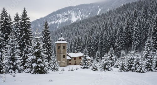 Snowy mountain landscape with building
