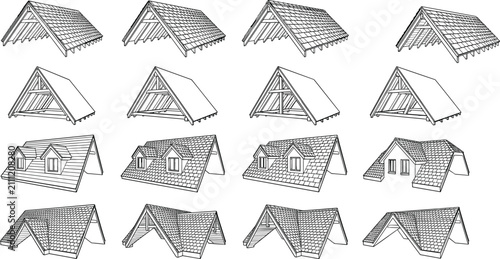 Tableau sur toile Roof design vector illustration set featuring pitched roofs, gables, dormer wind
