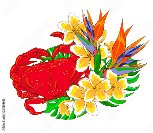Summer tropical composition with red crab, plumeria, bird of paradise and monstera leaves. Hand drawn illustration in flat style. Perfect for seafood branding, menus, packaging, prints and decor.