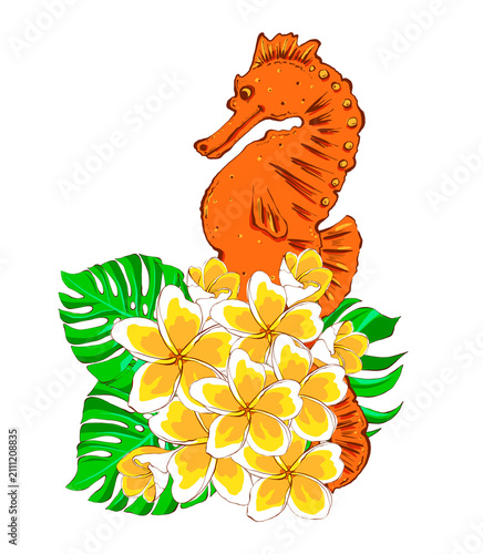 Summer tropical composition with sea horse, plumeria flowers and monstera leaves. Hand drawn illustration in flat style. Perfect for summer prints and decor.