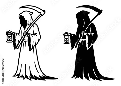 Photography Black and white illustrations of the grim reaper holding a scythe and lantern in