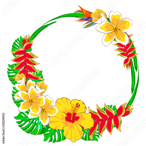 Tropical floral frame with hibiscus, plumeria, bird of paradise and monstera leaves in flat style. Elegant design for invitations, cards, branding, packaging and summer decor.
