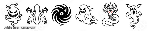 Фотография Set of six spooky black and white ghost and monster illustrations with various m