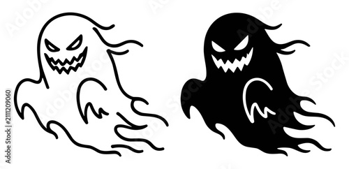 Fotografie Illustration of spooky ghost characters with evil eyes and jagged mouths in blac