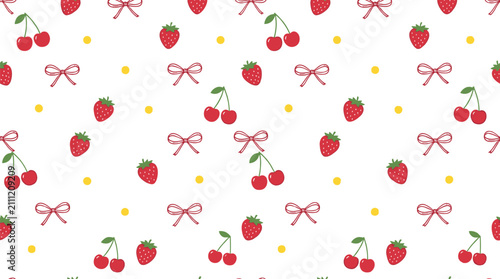 Seamless Cute Berry Pattern Background with Sweet Strawberries, Red Cherries, Polka Dots, and Ribbon Bows for Coquette Aesthetic Fashion Textiles and Baby Nursery Wallpapers