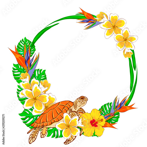 Tropical wreath with turtle, hibiscus, plumeria, bird of paradise and monstera leaves in flat style. Elegant hand drawn design for invitations, cards, branding, packaging and summer decor.