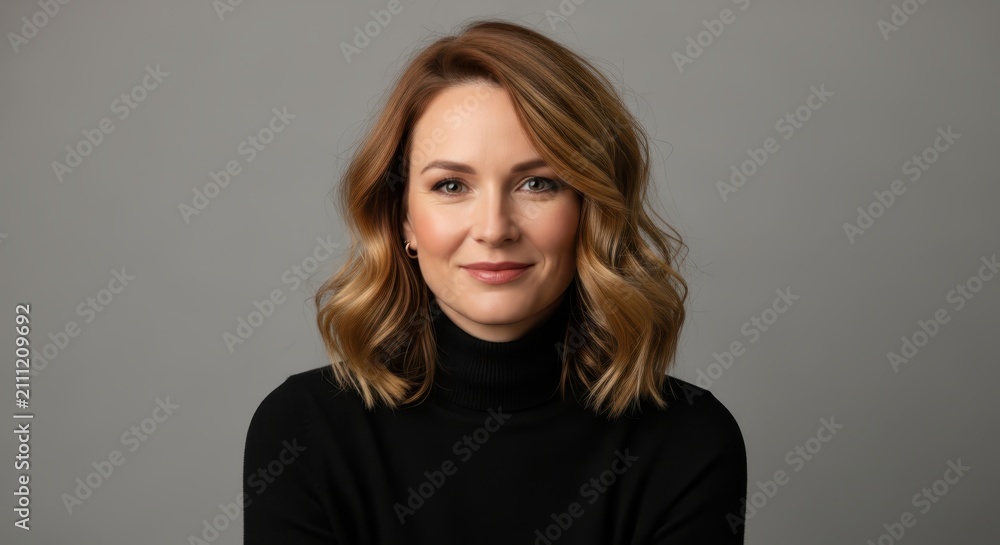 Obraz premium Professional Portrait of a Confident Mature Woman with Wavy Hair Wearing a Black Turtleneck Against a Grey Background