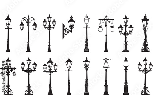 A collection of various vintage street lamp designs presented as a detailed black and white graphic illustration in a classic silhouette