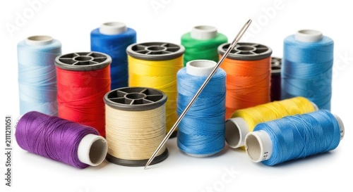 A collection of colorful sewing thread spools and a needle are arranged on a white surface. The thread spools are in various shades of blue, green, red, yellow, purple, and white.