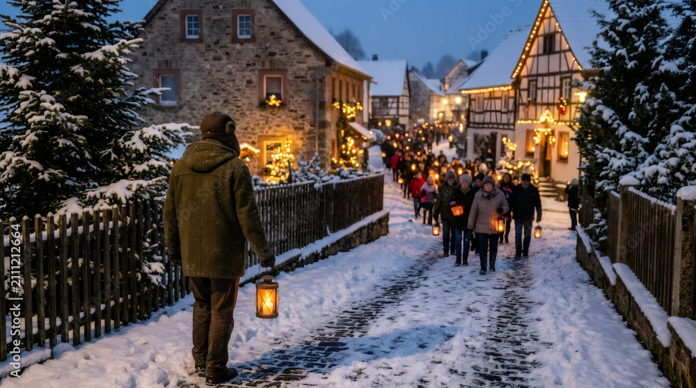 Obraz premium Man standing with lantern while group of people walking through snowy village street during Christmas. Traditional evening procession in old town. Winter holiday celebration in Europe.