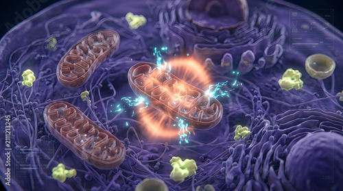 Mitochondria generating cellular energy in vibrant 3D render. Dynamic ATP production visualized with glowing bioelectric particles for medical scie...