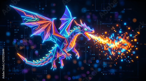 Neon pixel art dragon breathing fire. Digital fantasy creature with glowing cybernetic lights.