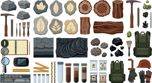 Fotografie Geology and petrology science vector element set featuring rock specimens fossil