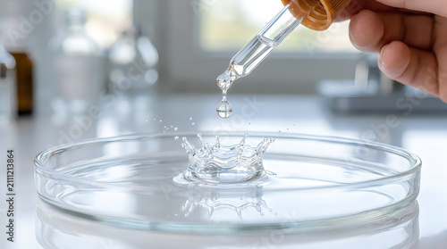 Liquid medicine drop falling into petri dish. Serum dripping from pipette for lab research.