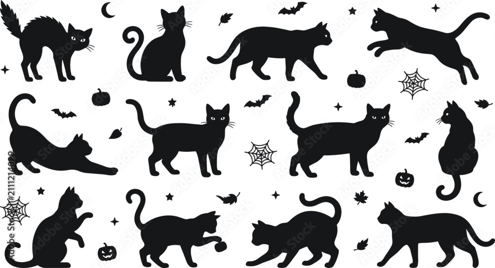 Obraz premium Halloween black cat silhouette vector collection featuring spooky bats, spiderwebs, pumpkins, crescent moons, and stars