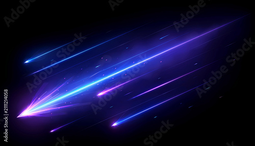 Glowing Blue and Purple Meteor Shower Light Trails with Shooting Stars Isolated on Black Background