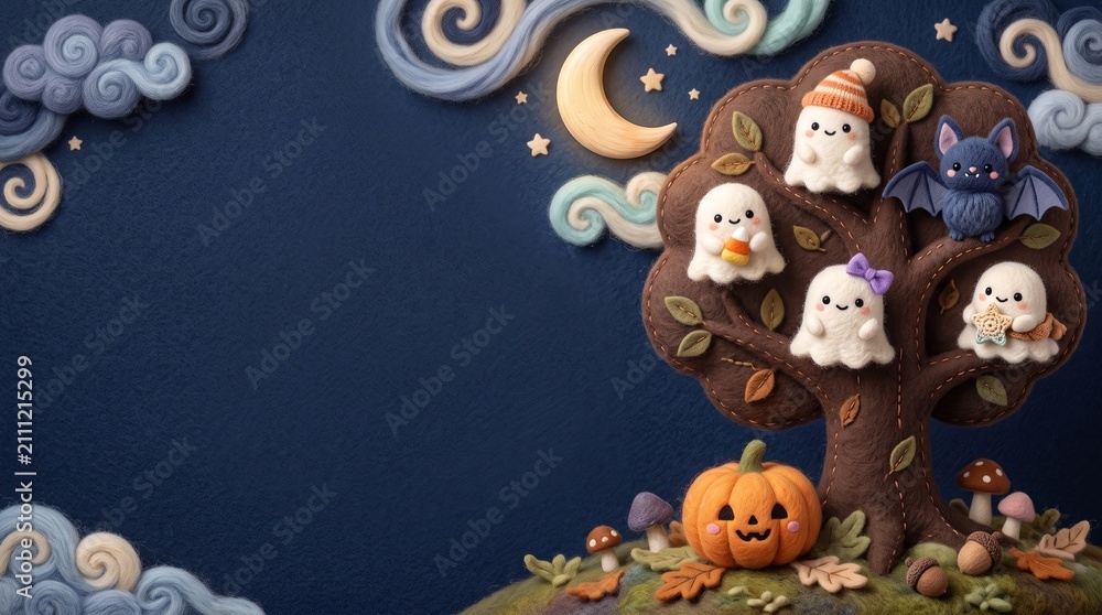 Fototapeta premium Cute felt Halloween background with kawaii ghosts, pumpkin, and copy space