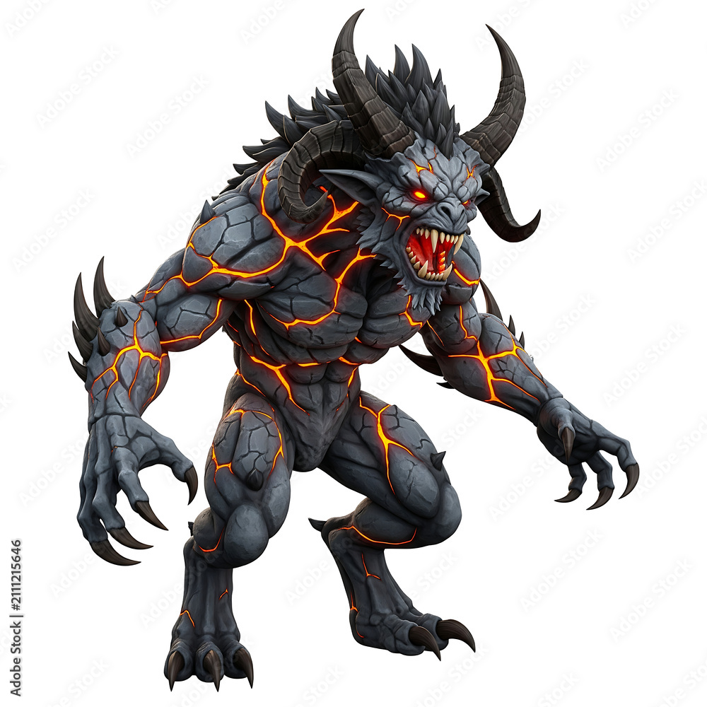 Fototapeta premium Fierce lava demon monster with horns. Aggressive fantasy creature with glowing magma skin.