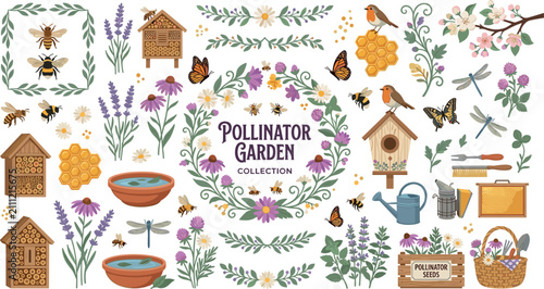 Eco friendly wildlife habitat illustration bundle featuring honey bees insect hotels watering can dragonflies and flower wreaths