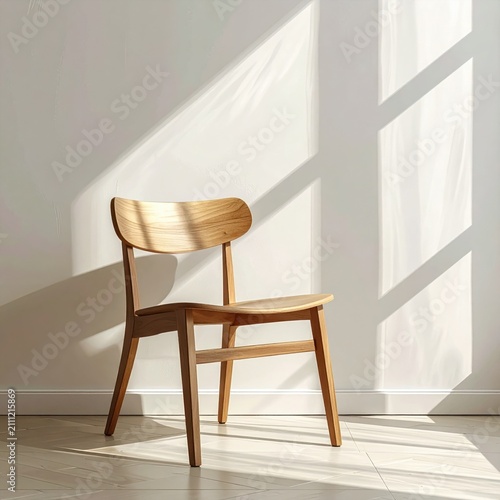 Mid-century wooden chair in natural oak casting elegant window shadows, perfect for interior design mockups or home staging
