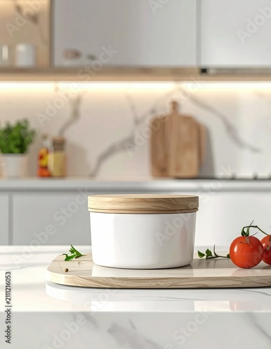 White ceramic canister with wooden lid on marble kitchen counter, home cooking storage, food prep
