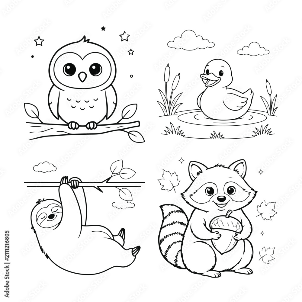 Fototapeta premium Coloring page set with cute owl, duck, sloth, and raccoon holding an acorn, line