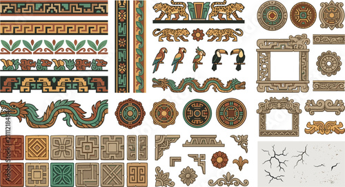 Cuadro en lienzo Ancient Maya ornamental borders vector elements set featuring ethnic geometric p