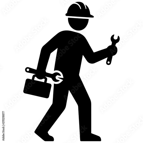 a diligent worker handyman or repairman carrying a toolbox and wrench walking to provide professional maintenance service.