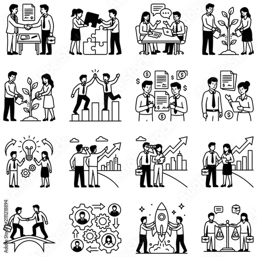 black and white business icons set featuring concepts of teamwork partnership growth strategy and financial success