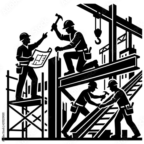 construction workers actively building a new structure on a dynamic building site highlighting industrial progress and dedicated teamwork.
