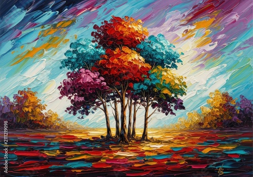 Vibrant trees stand in an abstract landscape with thick oil paint textures, showcasing rich hues of red, teal, and gold in a surreal scene, textured, background, brushwork