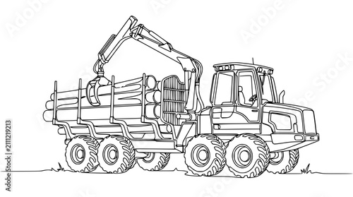 Canvas Print Heavy duty logging truck with crane loading wooden logs vector line art