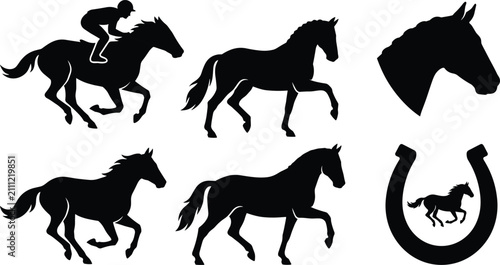 Fotografie Equestrian Sport and Horse Racing Silhouette Icon Set with Jockeys, Running Stal