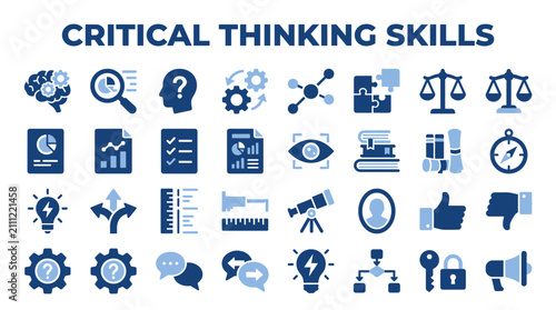 Critical thinking skills and analytical problem solving icon set featuring brain gears research analysis logic and decision making symbols for business strategy