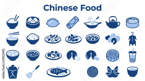 Canvas Print Set of blue Chinese food icons featuring various traditional dishes and culinary