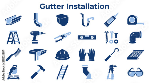 Obraz na plátně Gutter Installation Icon Set Showing Essential Tools and Materials for Roof Drai