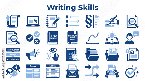 Set of flat blue writing skills and educational icons representing essay structure research academic writing tools and creative thinking process symbols