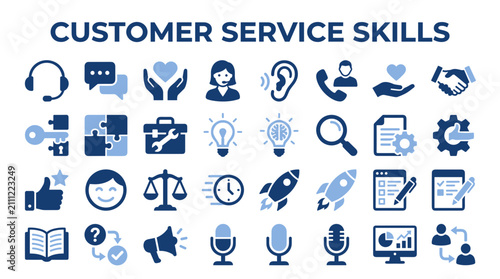 Customer service skills icons set featuring communication support and problem solving symbols for professional business assistance and client relationship management